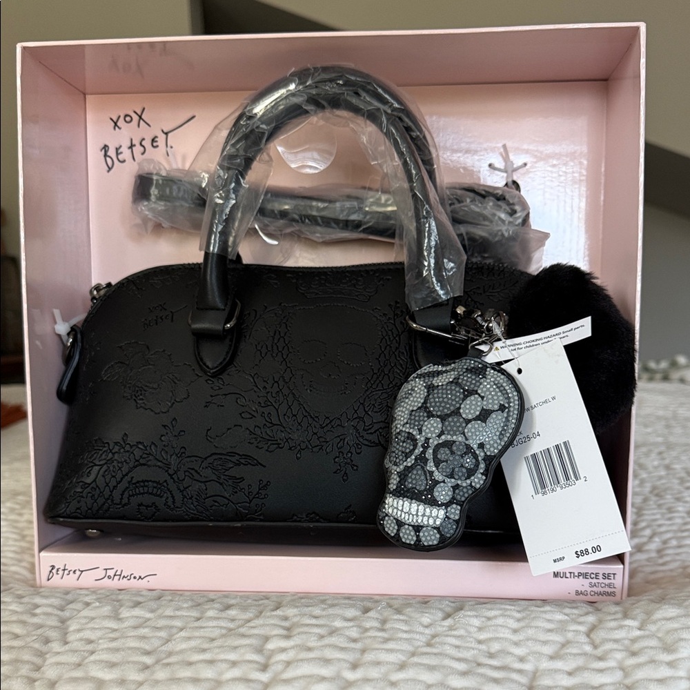 Betsey Johnson Black Satchel with Skull Charm
